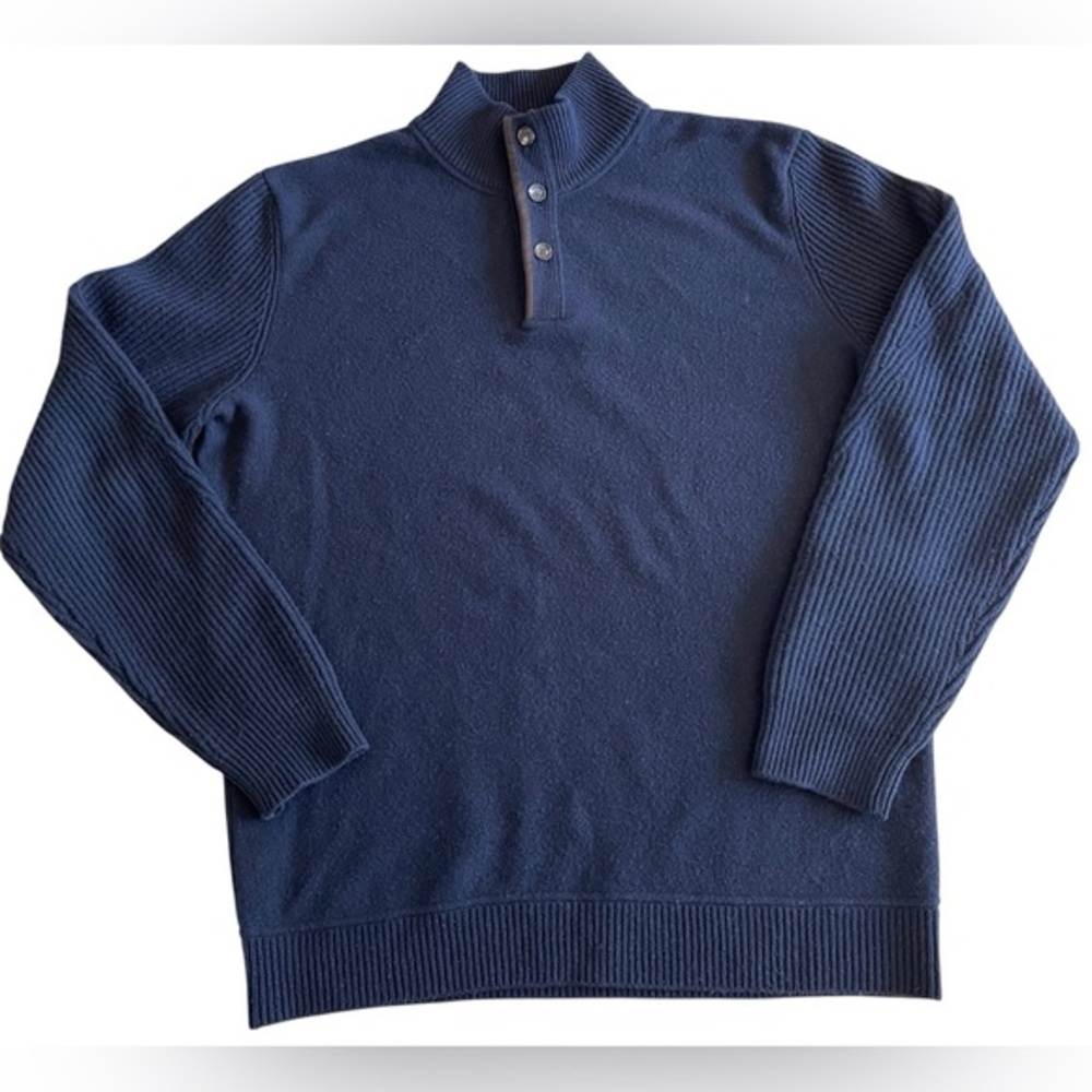 Ermenegildo Zegna Cashmere‎ Wool Suede Trim Half Btn Sweater 54 DARK NAVY BLUE